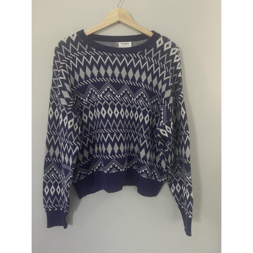 Storia NWT Knit Crewneck Pullover Sweater Blue, White Women Sz S Fair Isle Aztec
